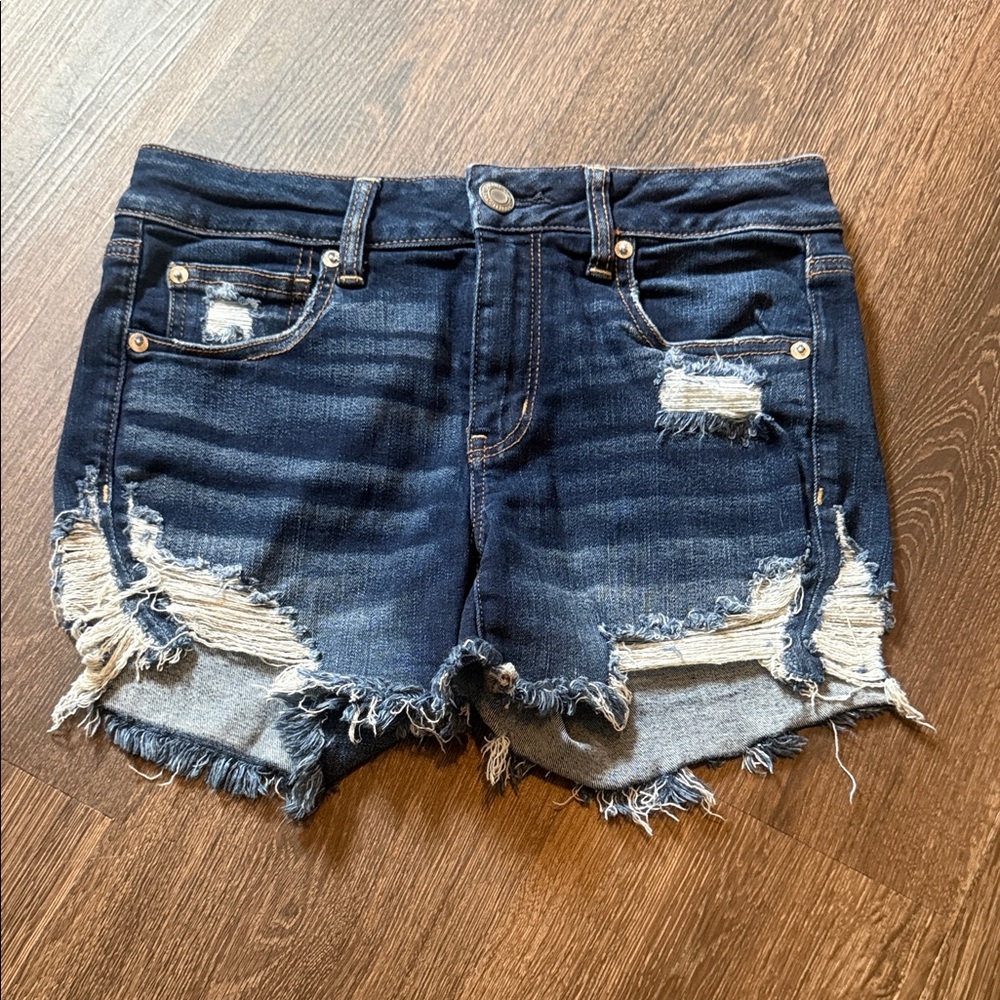 American Eagle Outfitters Dark Blue Distressed Midi Denim Shorts